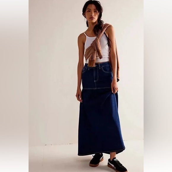 Free People Jordon Maxi Skirt Denim Dropped Waist Pleating Pockets Blue